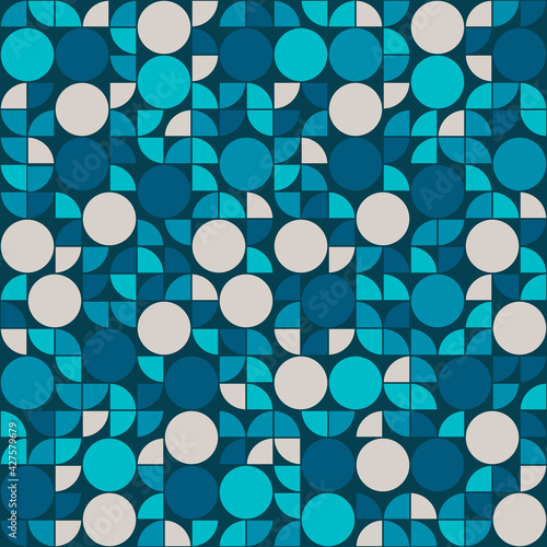 Aqua geometric ornament. Circles and quarters blue pattern. Vector.
