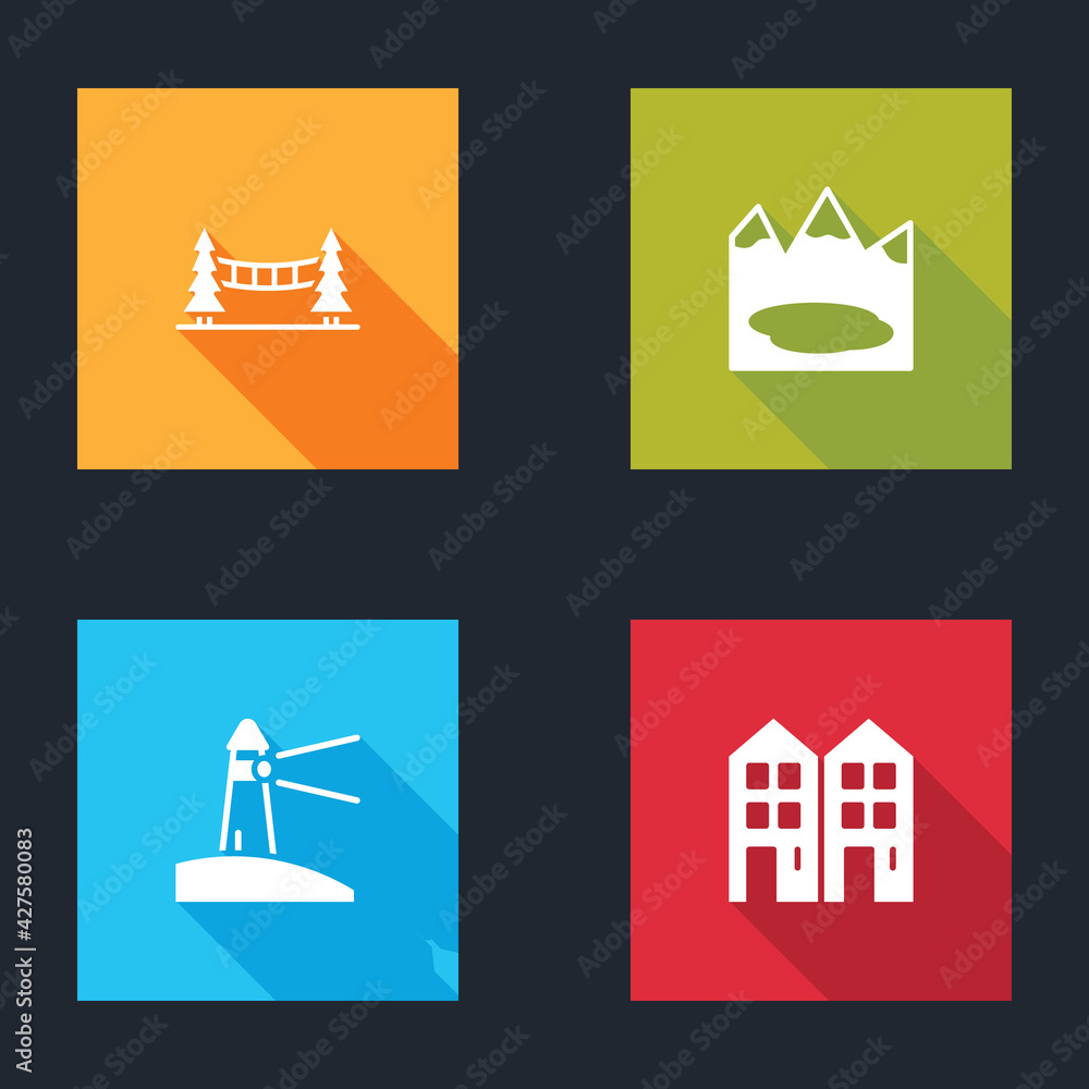 Fototapeta premium Set Capilano Suspension Bridge, Canadian lake, Lighthouse and House icon. Vector
