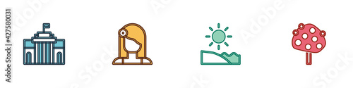 Set Prado museum, Spanish woman, Beach and Orange tree icon. Vector