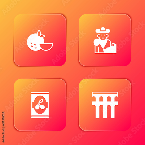 Set Orange fruit, Bullfight, matador, Olives in can and Aqueduct of Segovia icon. Vector