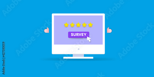 Customer survey, customer five star rating and review. Submit rating on computer screen. Web banner 3d style template.