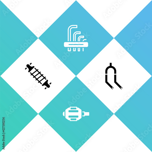 Set Bicycle suspension, pedal, Tool allen keys and fork icon. Vector