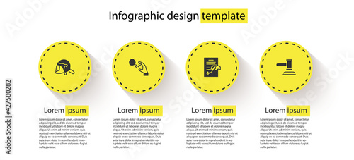 Set Police helmet, Hooligan shooting stones, Petition and Judge gavel. Business infographic template. Vector