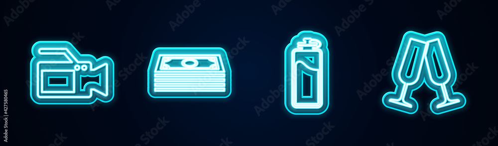 Set line Cinema camera, Stacks paper money cash, Sport bottle with water and Glasses of champagne. Glowing neon icon. Vector Set line Cinema camera, Stacks paper money cash, Sport bottle with water and Glasses of champagne. Glowing neon icon. Vector