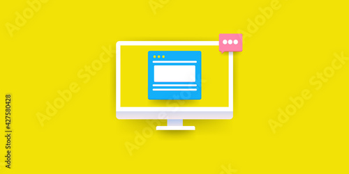 Website with chat bubble on computer screen. Digital content engagement concept. 3d style web banner with yellow background.