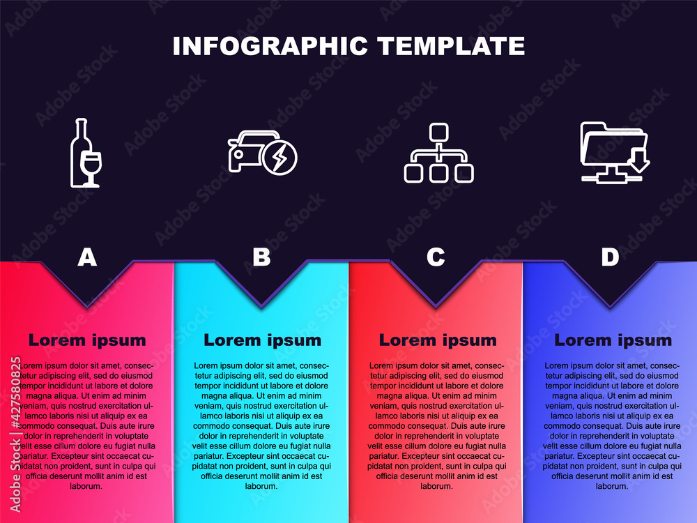 Set line Wine bottle with glass, Electric car, Hierarchy organogram chart and FTP folder download. Business infographic template. Vector Set line Wine bottle with glass, Electric car, Hierarchy organogram chart and FTP folder download. Business infographic template. Vector