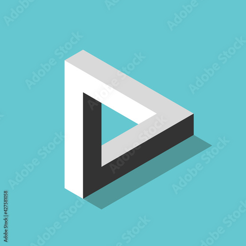 Isometric impossible Penrose triangle on turquoise blue. Confusion, impossibility, imagination and unity of opposites. Flat design. EPS 8 vector illustration, no transparency, no gradients