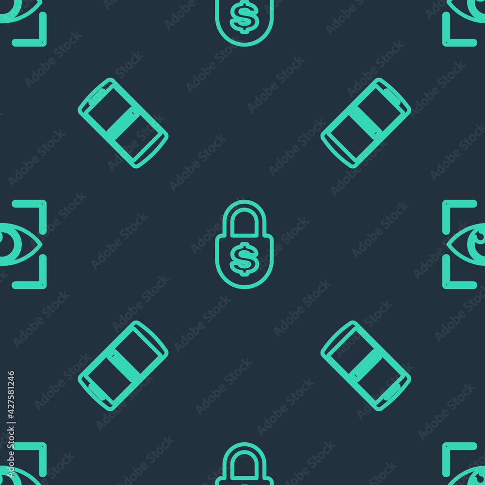 Set line Money lock, Mobile and password and Eye scan on seamless pattern. Vector Set line Money lock, Mobile and password and Eye scan on seamless pattern. Vector
