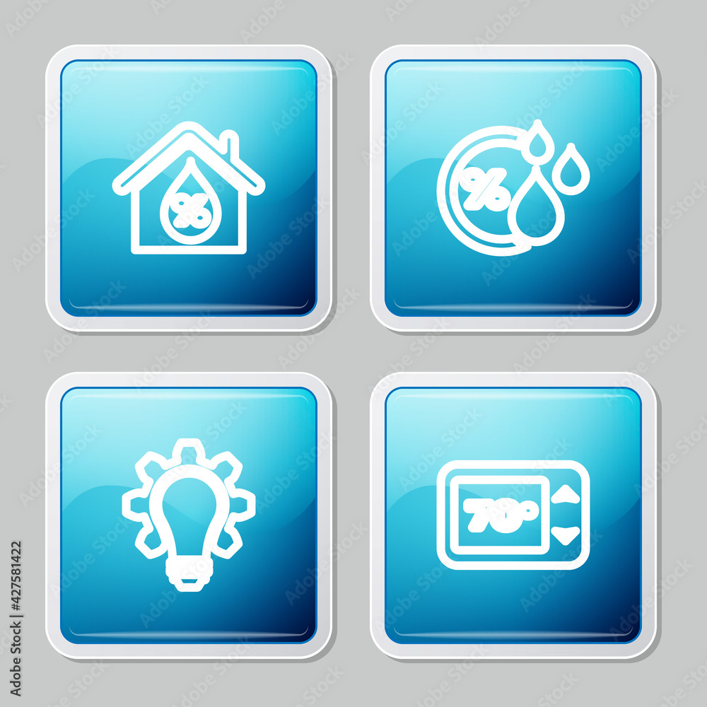 Set line House humidity, Humidity, Light bulb and gear and Thermostat icon. Vector Set line House humidity, Humidity, Light bulb and gear and Thermostat icon. Vector