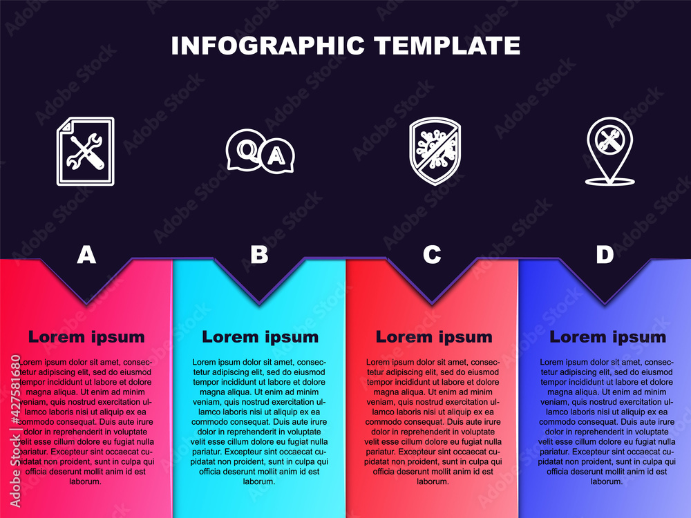 Set line File document service, Question and Answer, Stop virus, bacteria and Location. Business infographic template. Vector Set line File document service, Question and Answer, Stop virus, bacteria and Location. Business infographic template. Vector