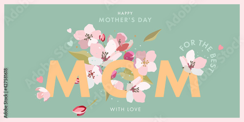 Mother's day greeting card with spring flowers in pastel colors and trendy text typography. Mothers day modern design template for greeting banner, fashion ads, poster, sale, social media, promotion