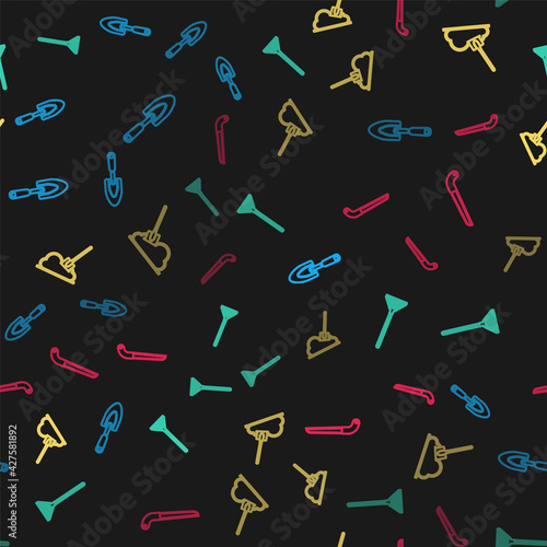 Set line Garden trowel spade or shovel, rake for leaves, Shovel in the ground and saw on seamless pattern. Vector