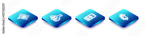 Set Isometric line Marijuana or cannabis seeds, Test tube with marijuana, Online buying and Shopping cart icon. Vector