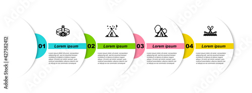 Set line Head flashlight, Tourist tent with flag, and Rafting boat. Business infographic template. Vector