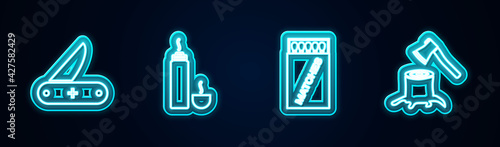 Set line Swiss army knife, Thermos container, Open matchbox and matches and Wooden axe stump. Glowing neon icon. Vector