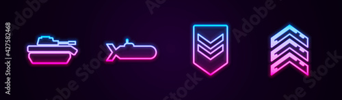 Set line Military tank, Submarine, Chevron and rank. Glowing neon icon. Vector