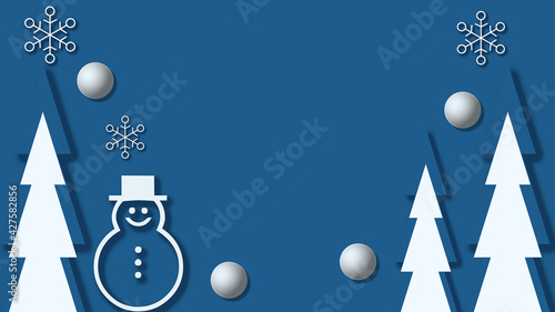 Christmas/New Year horizontal banner with a snowman, Christmas trees, snowflakes and  snowballs