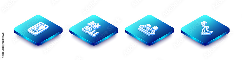 Set Isometric line Smart control farming system, technology, Conveyor belt with box and Chicken and camera icon. Vector Set Isometric line Smart control farming system, technology, Conveyor belt with box and Chicken and camera icon. Vector