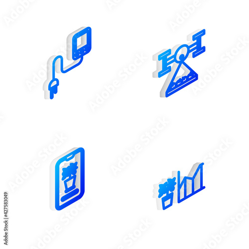 Set Isometric line Smart farm with drone, Sensor, control farming system and Flower statistics icon. Vector
