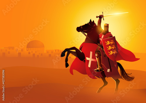 King Richard the Lionheart holding a sword and shield on horseback