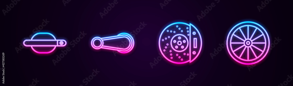 Set line Car door handle, , brake disk with caliper and wheel. Glowing neon icon. Vector Set line Car door handle, , brake disk with caliper and wheel. Glowing neon icon. Vector