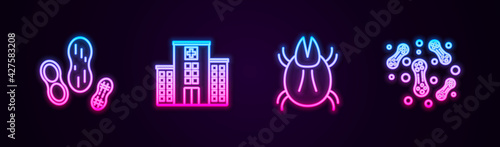 Set line Peanut, Medical hospital building, Parasite mite and Bacteria. Glowing neon icon. Vector