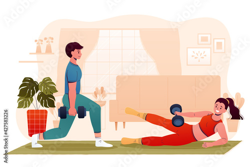 Couple exercising at home