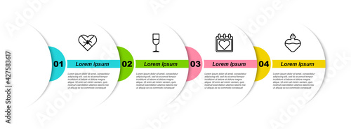 Set line Candy in heart shaped box, Wine glass, Calendar with and Bottle love potion. Business infographic template. Vector
