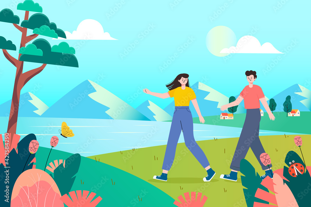 Fototapeta premium An illustration of a couple's holiday outing