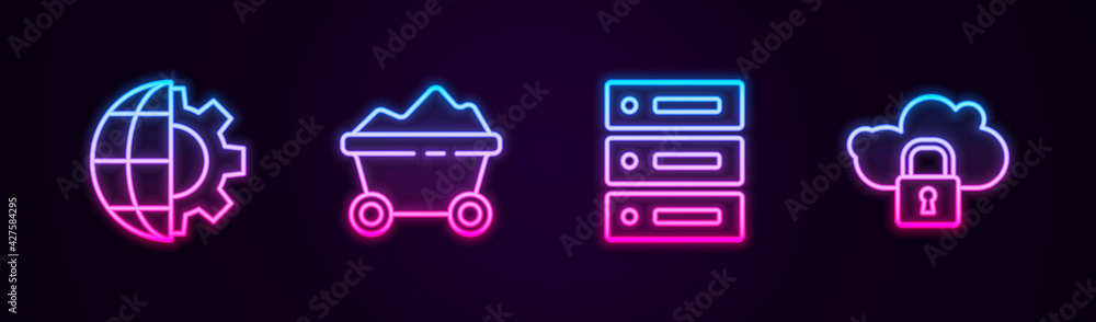 Set line Globe of the Earth and gear, Coal mine trolley, Server, Data, Web Hosting and Cloud computing lock. Glowing neon icon. Vector Set line Globe of the Earth and gear, Coal mine trolley, Server, Data, Web Hosting and Cloud computing lock. Glowing neon icon. Vector