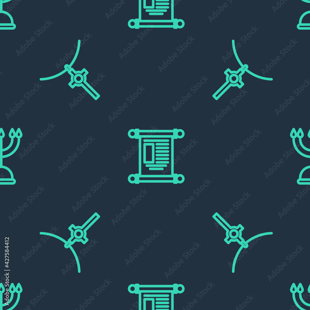 Set line Decree, paper, parchment, scroll, Christian cross on chain and Hanukkah menorah on seamless pattern. Vector Set line Decree, paper, parchment, scroll, Christian cross on chain and Hanukkah menorah on seamless pattern. Vector