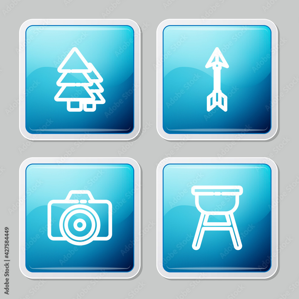 Set line Tree, Hipster arrow, Photo camera and Barbecue grill icon. Vector Set line Tree, Hipster arrow, Photo camera and Barbecue grill icon. Vector
