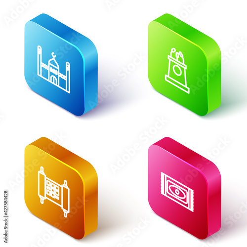 Set Isometric line Muslim Mosque, Stage stand or tribune, Decree, paper, parchment, scroll and Traditional carpet icon. Vector