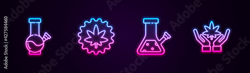 Set line Glass bong for smoking marijuana, Marijuana cannabis leaf, and . Glowing neon icon. Vector