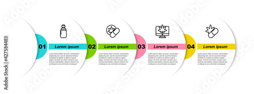 Set line Marijuana or cannabis olive oil, Herbal ecstasy tablets, Monitor and marijuana and Medical pills with. Business infographic template. Vector