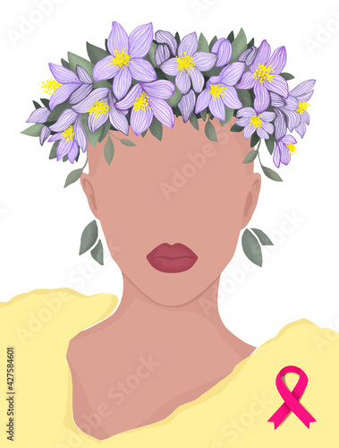 bald woman after chemotherapy in a wreath of flowers and a pink ribbon. vector modern flat illustration in support of women with cancer. for poster, banner, postcard, magazine or book cover.
