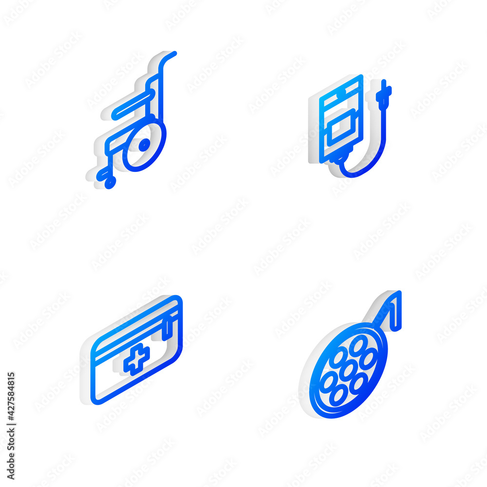 Set Isometric line IV bag, Wheelchair for disabled person, First aid kit and Surgery lamp icon. Vector Set Isometric line IV bag, Wheelchair for disabled person, First aid kit and Surgery lamp icon. Vector