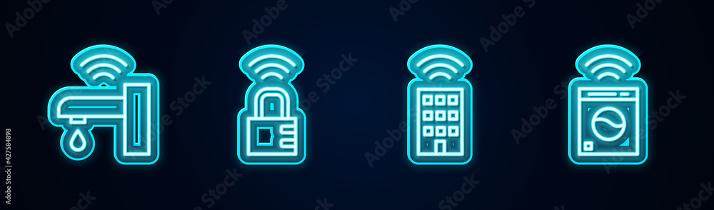 Set line Smart water tap, safe combination lock, home with wireless and washer. Glowing neon icon. Vector Set line Smart water tap, safe combination lock, home with wireless and washer. Glowing neon icon. Vector