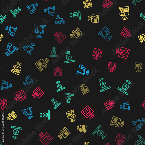 Set line Robotic robot arm hand factory, Smart sensor, coffee machine and bathroom scales on seamless pattern. Vector