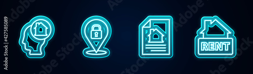 Set line Man dreaming about buying house, Location lock, House contract and Hanging sign with Rent. Glowing neon icon. Vector