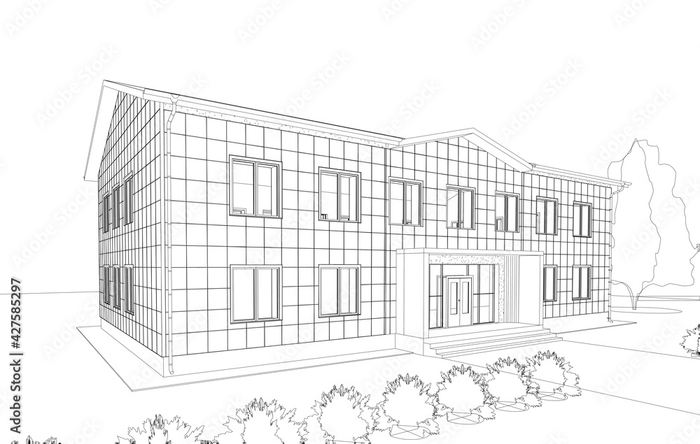 Perspective view of the office building. 3d vector illustration isolated on white background.