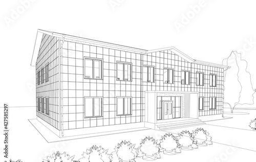 Perspective view of the office building. 3d vector illustration isolated on white background.