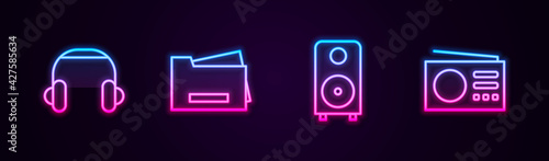 Set line Headphones, Printer, Stereo speaker and Radio. Glowing neon icon. Vector