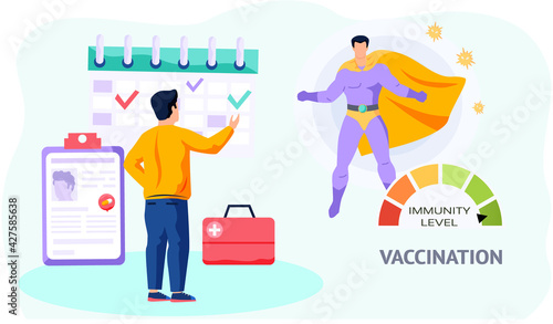 Patient looks at schedule of vaccinations. Superhero demonstrates level of immunity due to injection
