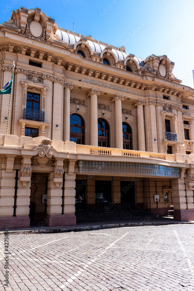 Facade of Theatro Pedro II. Opera house of Brazil. Ancient architecture in the city center in Ribeirao Preto City