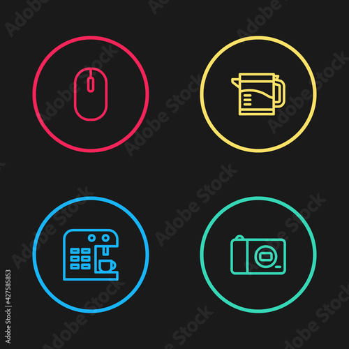 Set line Coffee machine, Photo camera, Electric kettle and Computer mouse icon. Vector