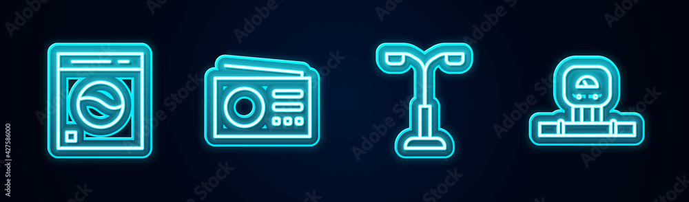 Set line Washer, Radio, Street light and Smart sensor. Glowing neon icon. Vector Set line Washer, Radio, Street light and Smart sensor. Glowing neon icon. Vector