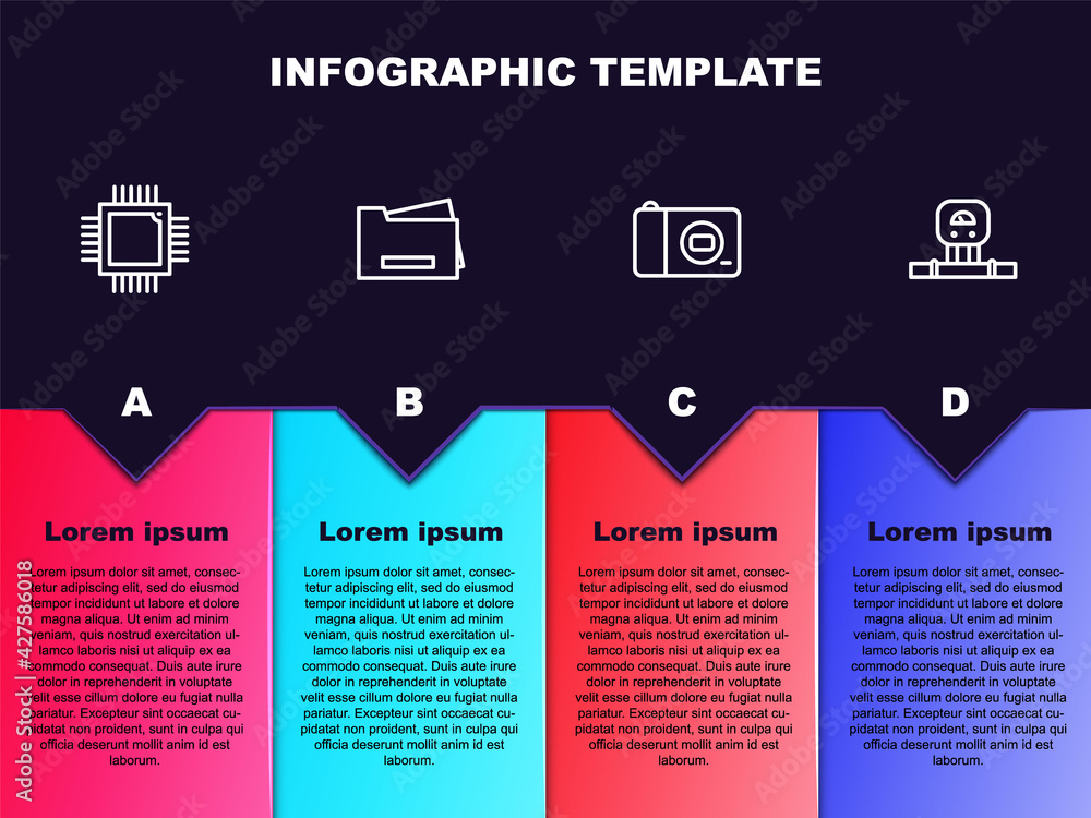 Set line Processor with microcircuits CPU, Printer, Photo camera and Smart sensor. Business infographic template. Vector
