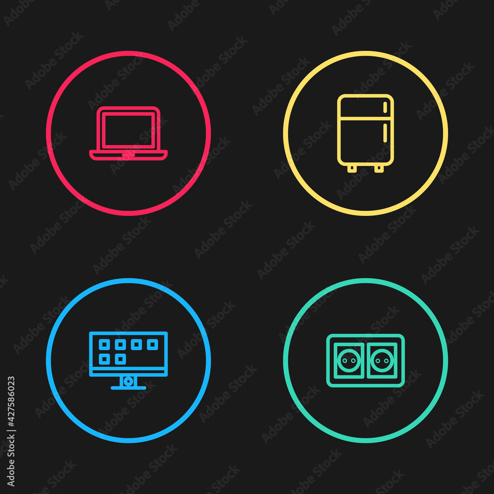 Set line Smart Tv, Electrical outlet, Refrigerator and Laptop icon. Vector