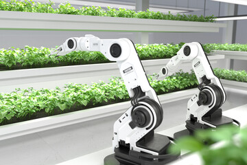 Smart robotic farmers concept, robot farmers, Agriculture technology, Farm automation